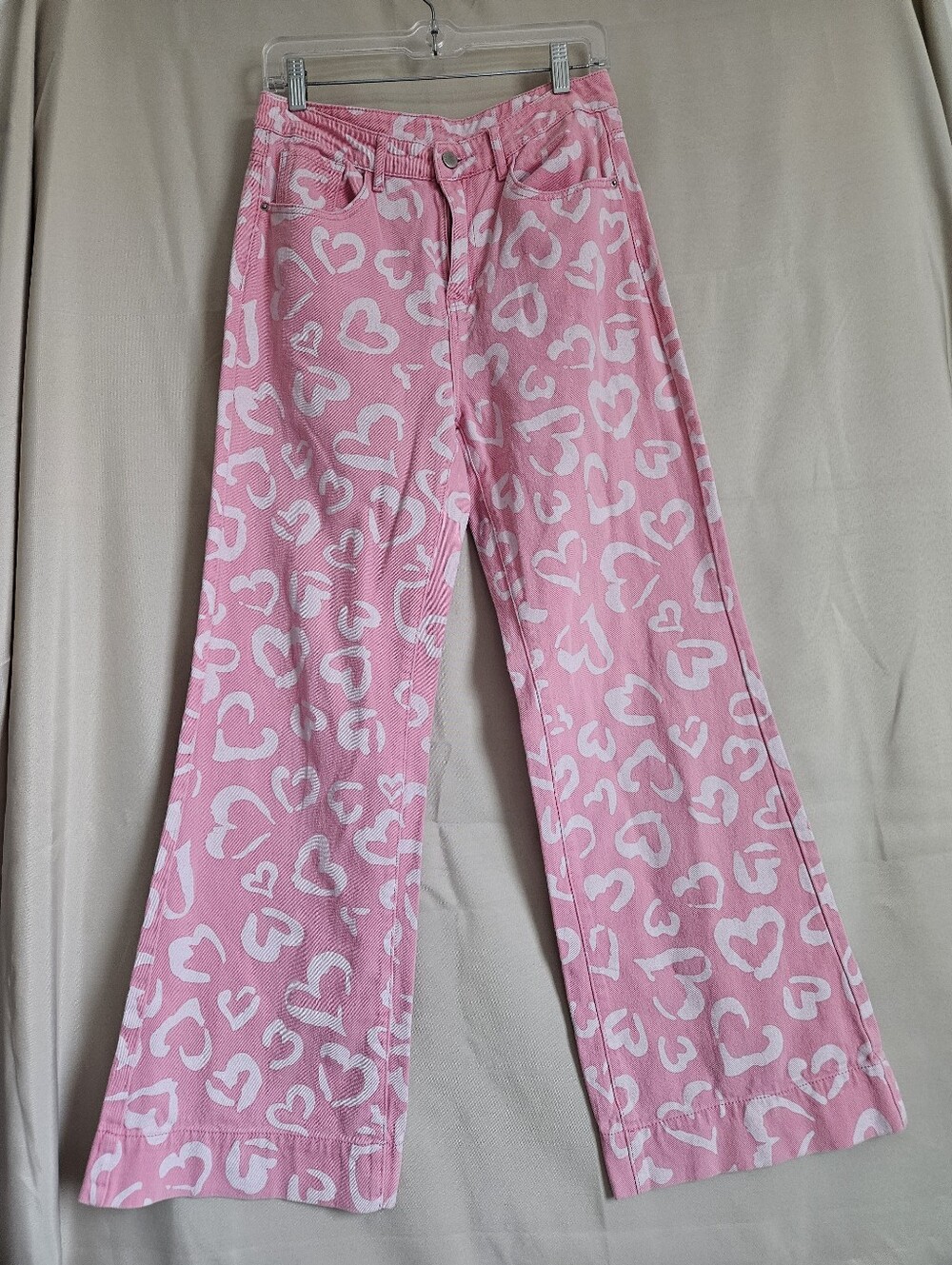 SHEIN ICON Women's Pink Heart Print Pocket Flared Casual Versatile Jeans Size M
